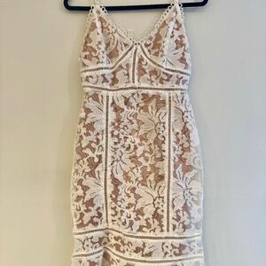 Lulu's Alluring Love White and Beige Lace Midi Dress